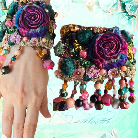 Gypsy Hand Embroidered Bracelet | Boho Tie-dye -Style Textile Cuff | Whimsical - Picture 1 of 11